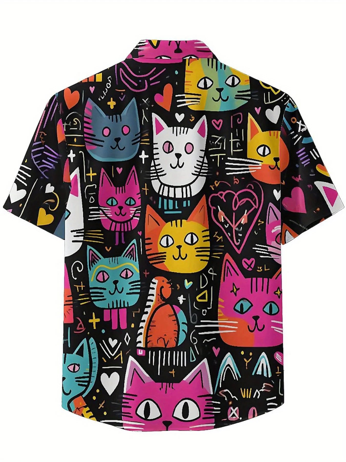 Men's Plus Size Hawaiian Shirts Cat Theme, Hearts and Stars pattern,Unisex Baggy Aloha Shirts,summer Alternative Clothing