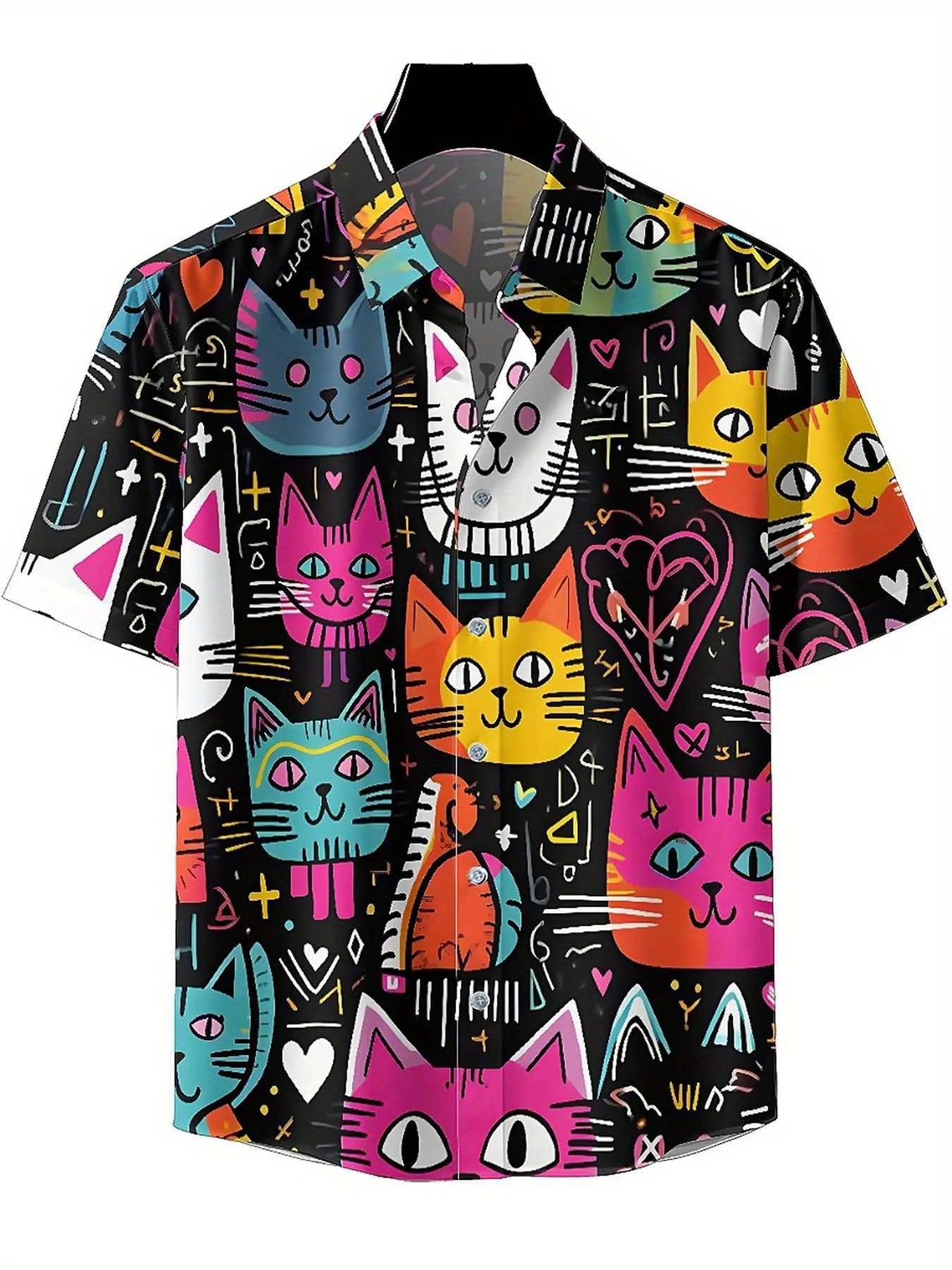 Men's Plus Size Hawaiian Shirts Cat Theme, Hearts and Stars pattern,Unisex Baggy Aloha Shirts,summer Alternative Clothing