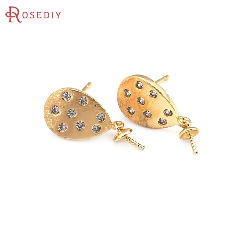 4PCS 18K Gold Color Brass and Zircon Can Fit Half Hole Beads Drop Stud Earrings Pins Earrings High Quality Diy Jewelry Making
