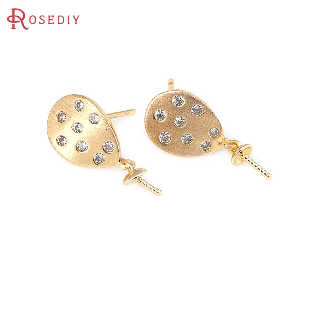 4PCS 18K Gold Color Brass and Zircon Can Fit Half Hole Beads Drop Stud Earrings Pins Earrings High Quality Diy Jewelry Making