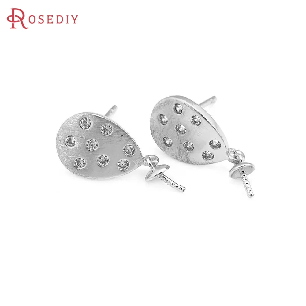4PCS 18K Gold Color Brass and Zircon Can Fit Half Hole Beads Drop Stud Earrings Pins Earrings High Quality Diy Jewelry Making