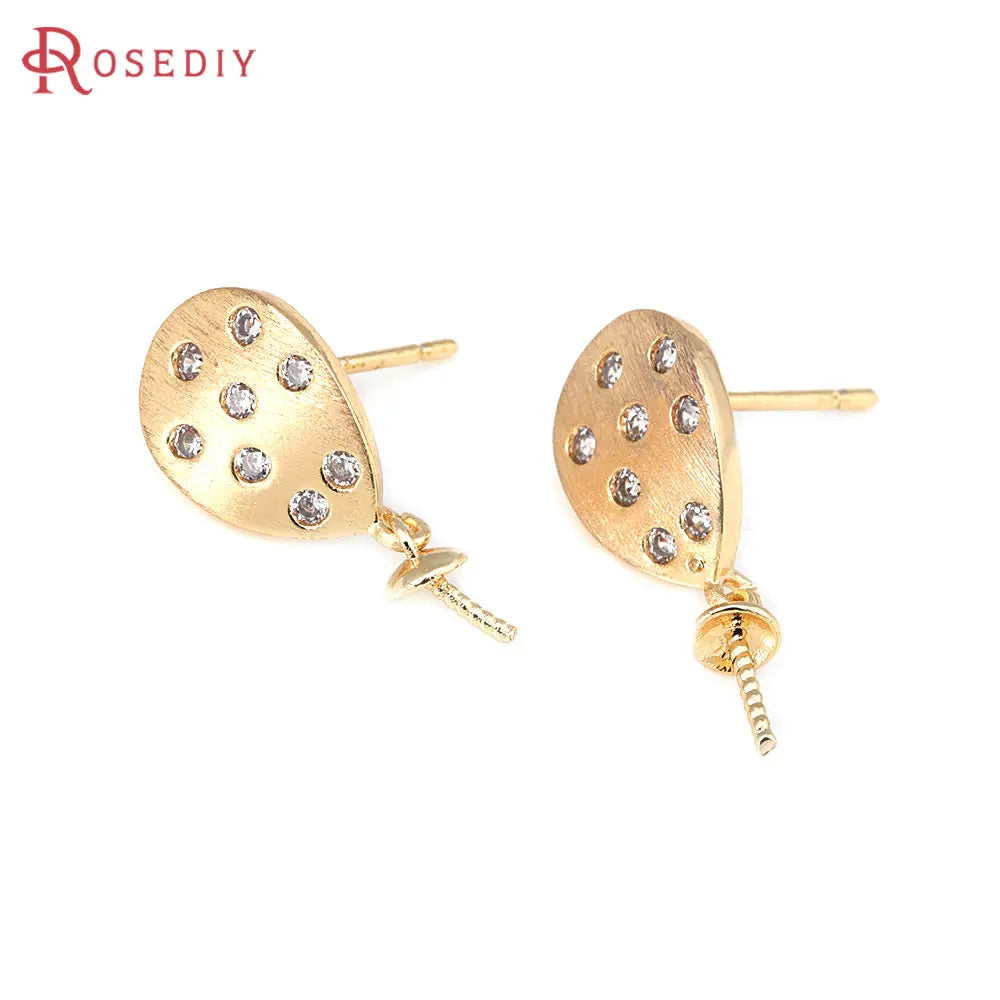 4PCS 18K Gold Color Brass and Zircon Can Fit Half Hole Beads Drop Stud Earrings Pins Earrings High Quality Diy Jewelry Making