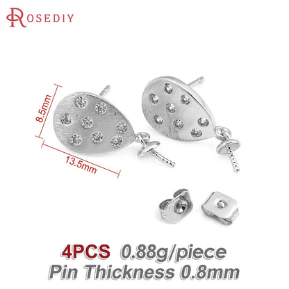 4PCS 18K Gold Color Brass and Zircon Can Fit Half Hole Beads Drop Stud Earrings Pins Earrings High Quality Diy Jewelry Making