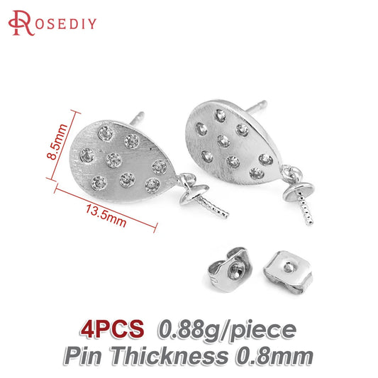4PCS 18K Gold Color Brass and Zircon Can Fit Half Hole Beads Drop Stud Earrings Pins Earrings High Quality Diy Jewelry Making