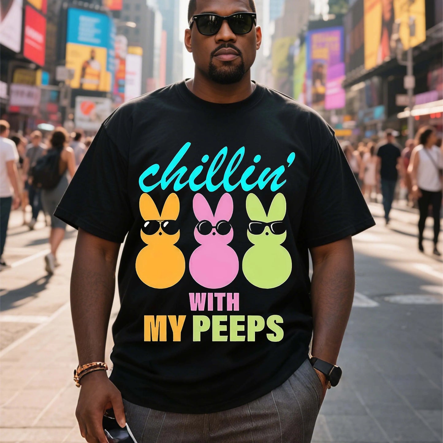 Plus Size Three Bunny Pattern Black Short Sleeve T-Shirt with Sunglasses Design Suitable for Outdoor Leisure Wear in Summer