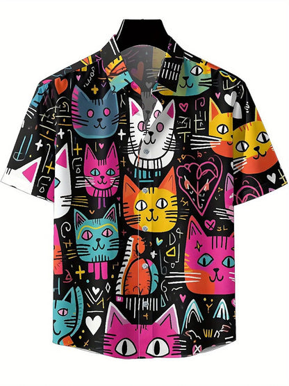 Men's Plus Size Hawaiian Shirts Cat Theme, Hearts and Stars pattern,Unisex Baggy Aloha Shirts,summer Alternative Clothing