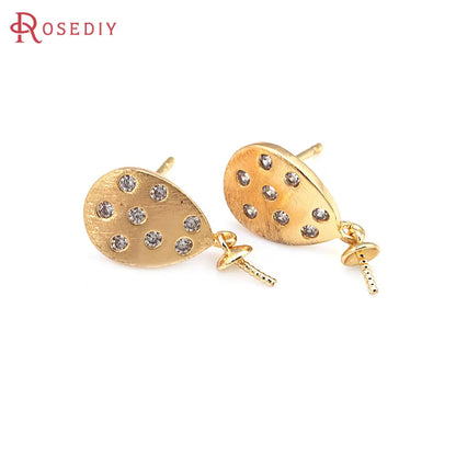 4PCS 18K Gold Color Brass and Zircon Can Fit Half Hole Beads Drop Stud Earrings Pins Earrings High Quality Diy Jewelry Making