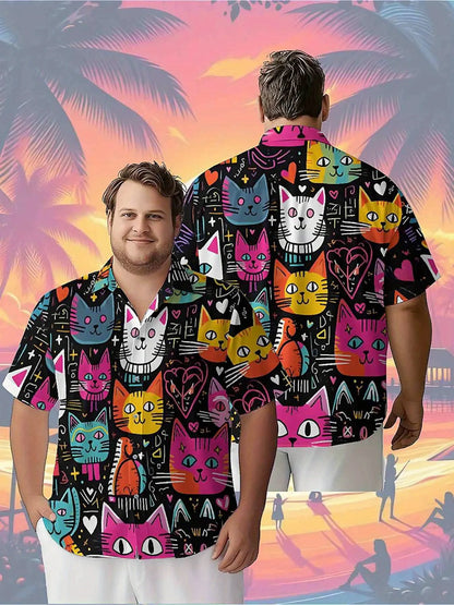 Men's Plus Size Hawaiian Shirts Cat Theme, Hearts and Stars pattern,Unisex Baggy Aloha Shirts,summer Alternative Clothing
