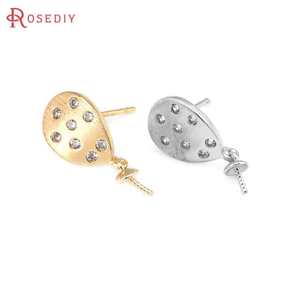 4PCS 18K Gold Color Brass and Zircon Can Fit Half Hole Beads Drop Stud Earrings Pins Earrings High Quality Diy Jewelry Making
