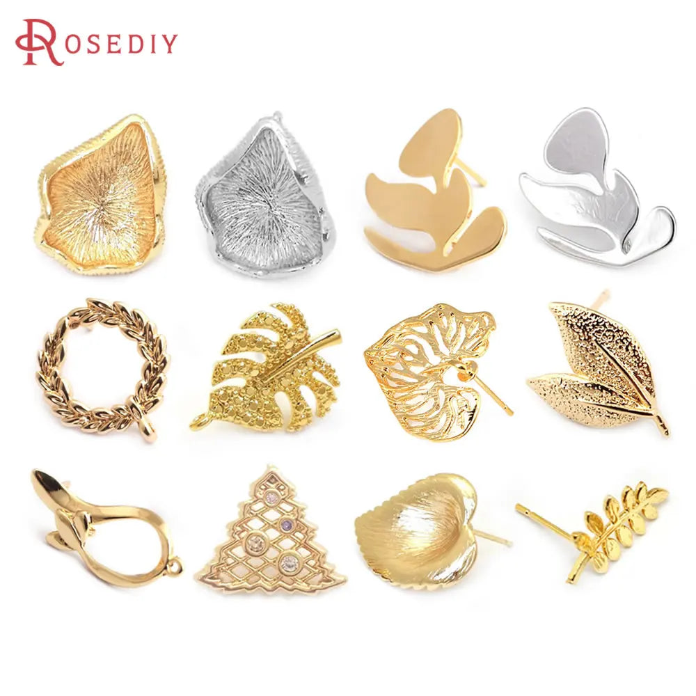 18K Gold Color Brass Lotus Leaf Tree Leaf Leaves Branch Stud Earrings Pins Earrings Jewelry Making Supplies Findings Accessories