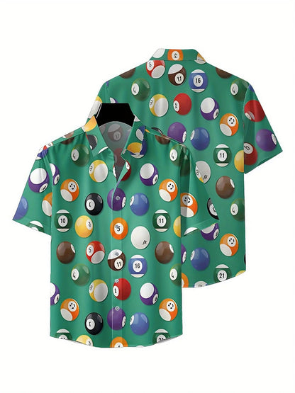 Men's Plus Size Hawaiian Shirts Classic Billiards Theme pattern, Button Up Shirts, Unisex Casual Clothing, Summer Tops