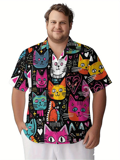 Men's Plus Size Hawaiian Shirts Cat Theme, Hearts and Stars pattern,Unisex Baggy Aloha Shirts,summer Alternative Clothing