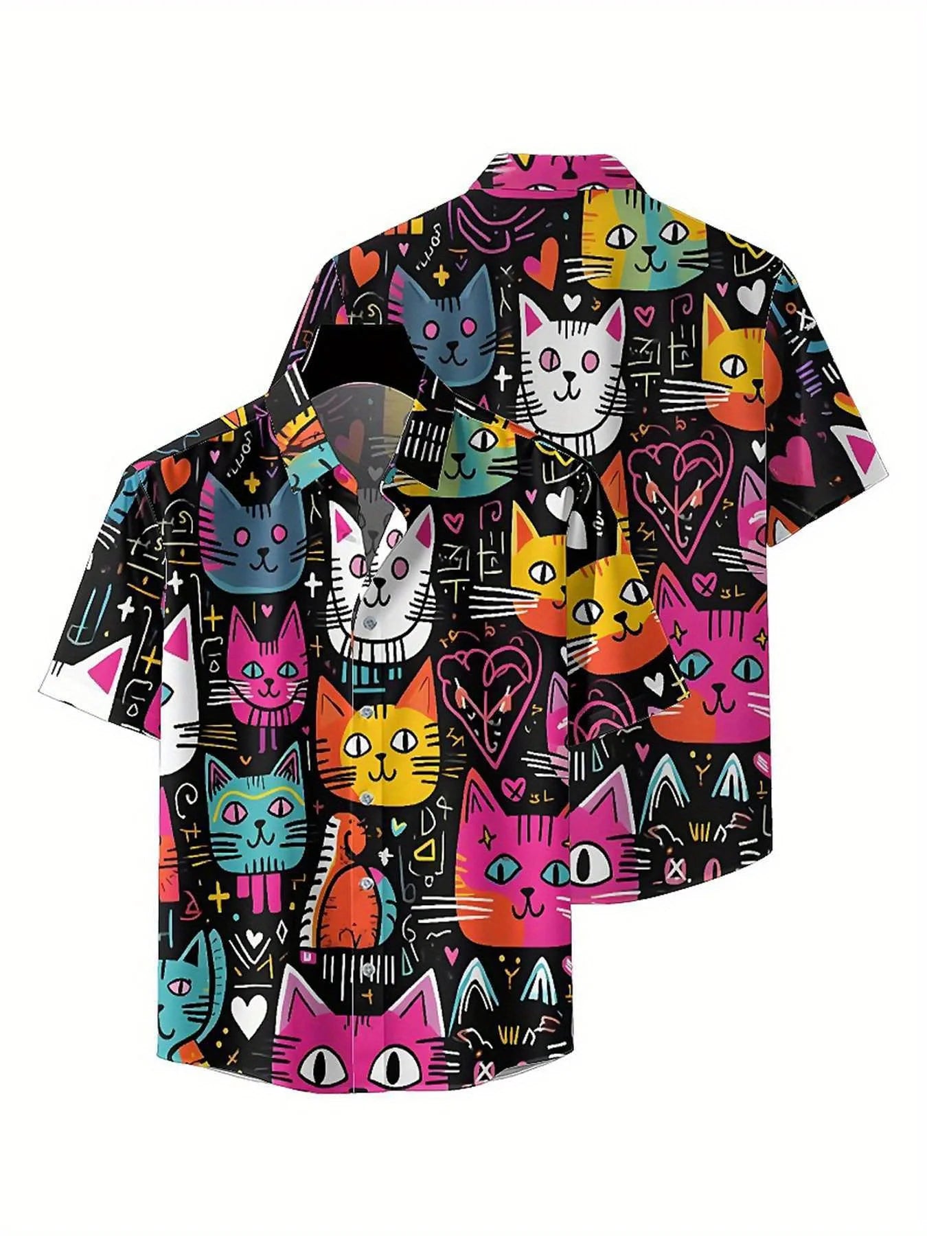 Men's Plus Size Hawaiian Shirts Cat Theme, Hearts and Stars pattern,Unisex Baggy Aloha Shirts,summer Alternative Clothing