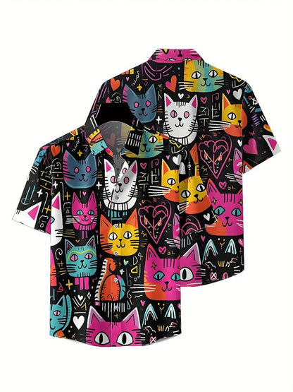 Men's Plus Size Hawaiian Shirts Cat Theme, Hearts and Stars pattern,Unisex Baggy Aloha Shirts,summer Alternative Clothing