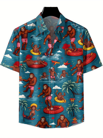 Men's Plus Size Hawaiian Shirts Tropical Beach Surfing Monkey Group Fun pattern,New Summer Fashion Tops,Hip Hop Rock Streetwear