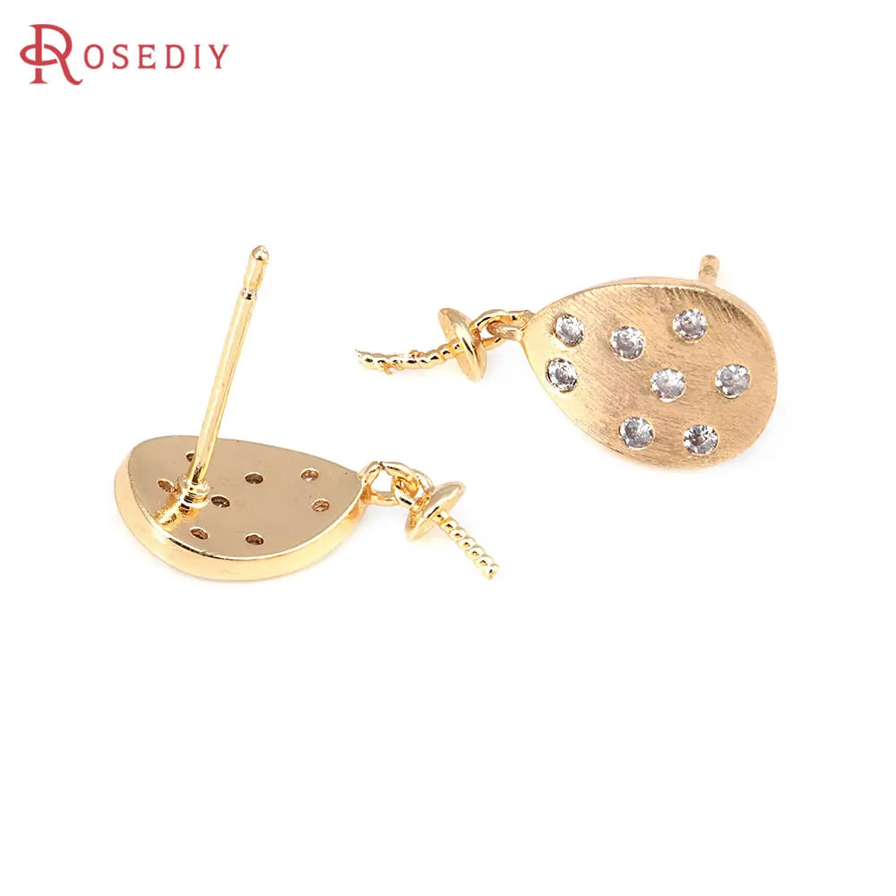 4PCS 18K Gold Color Brass and Zircon Can Fit Half Hole Beads Drop Stud Earrings Pins Earrings High Quality Diy Jewelry Making