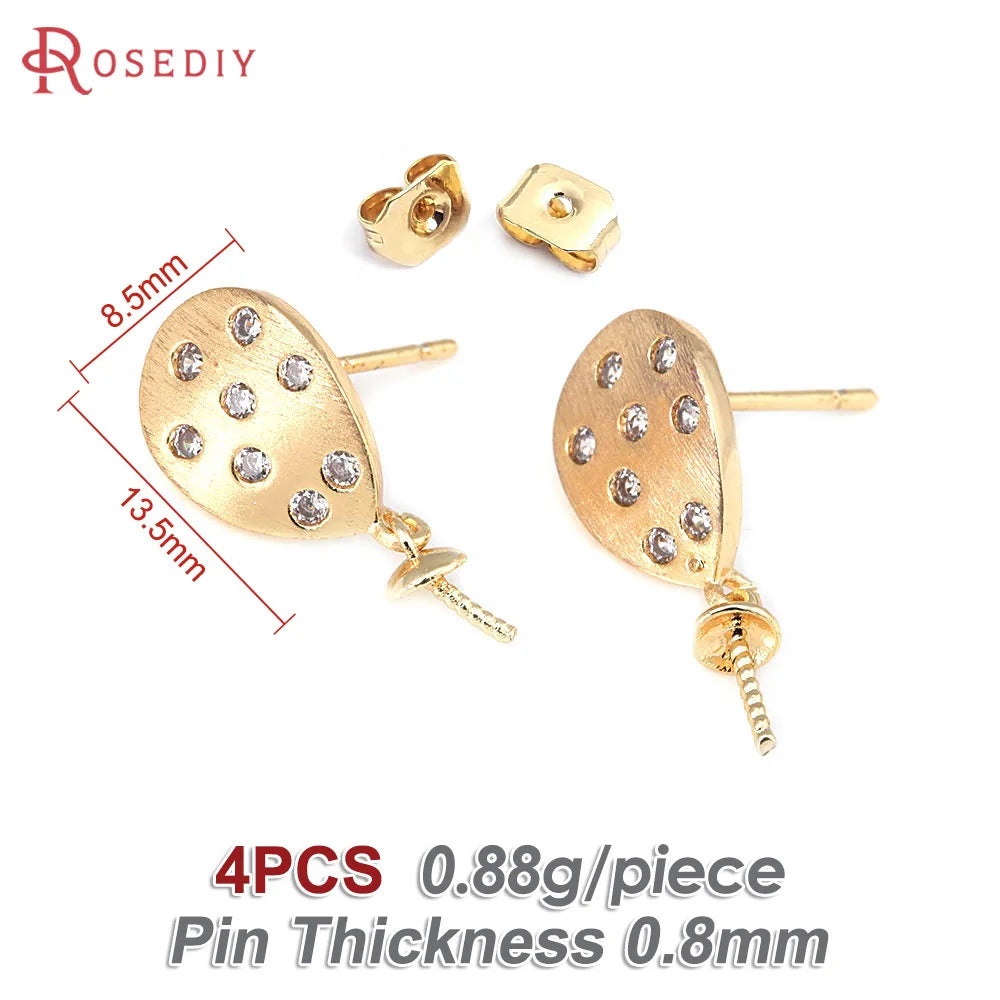 4PCS 18K Gold Color Brass and Zircon Can Fit Half Hole Beads Drop Stud Earrings Pins Earrings High Quality Diy Jewelry Making