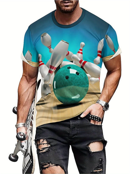 Men's Bowling Sports 3D Print T-Shirt Fun Hip Hop Style Breathable Polyester Short Sleeve Loose Fit
