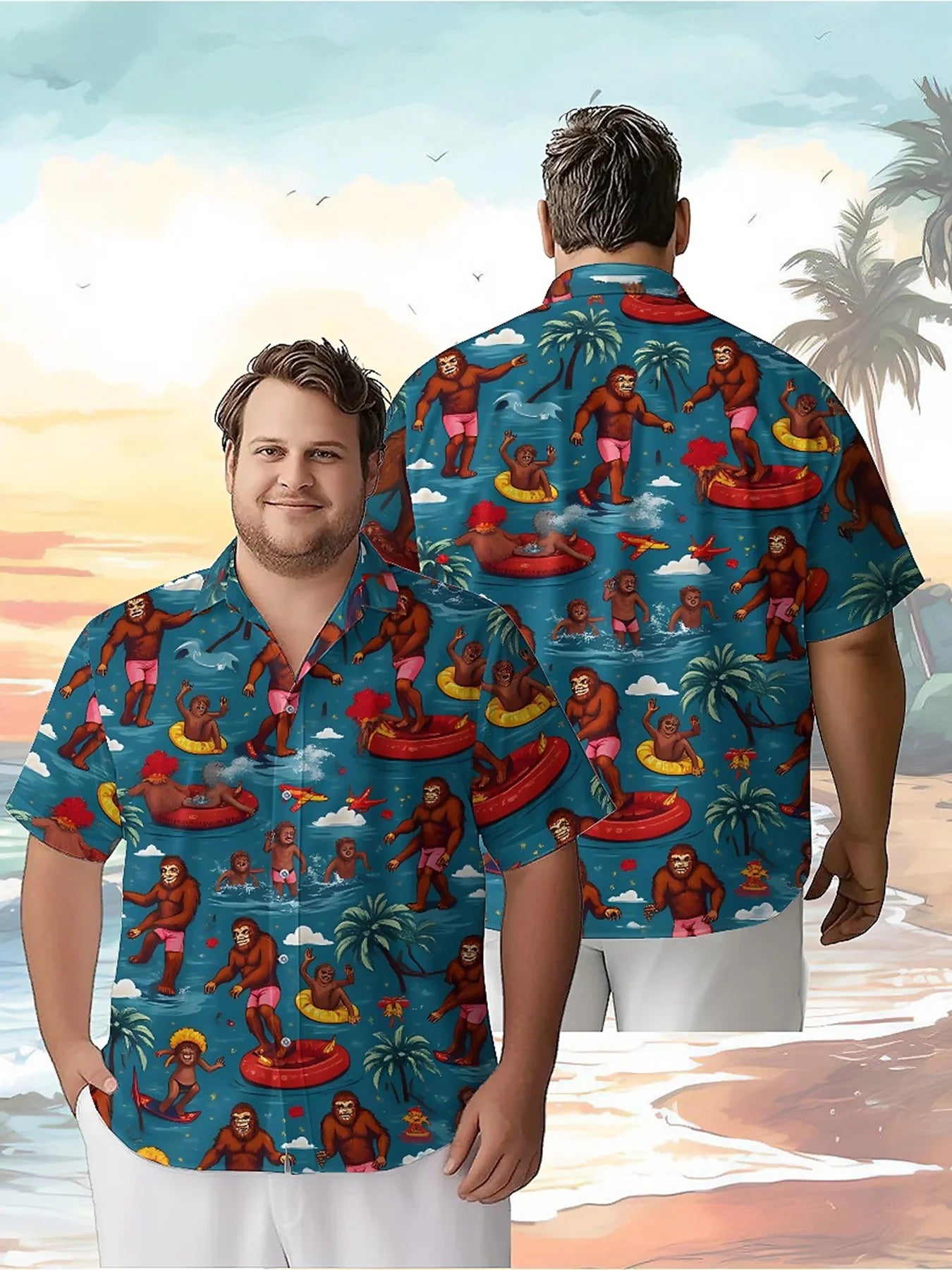 Men's Plus Size Hawaiian Shirts Tropical Beach Surfing Monkey Group Fun pattern,New Summer Fashion Tops,Hip Hop Rock Streetwear